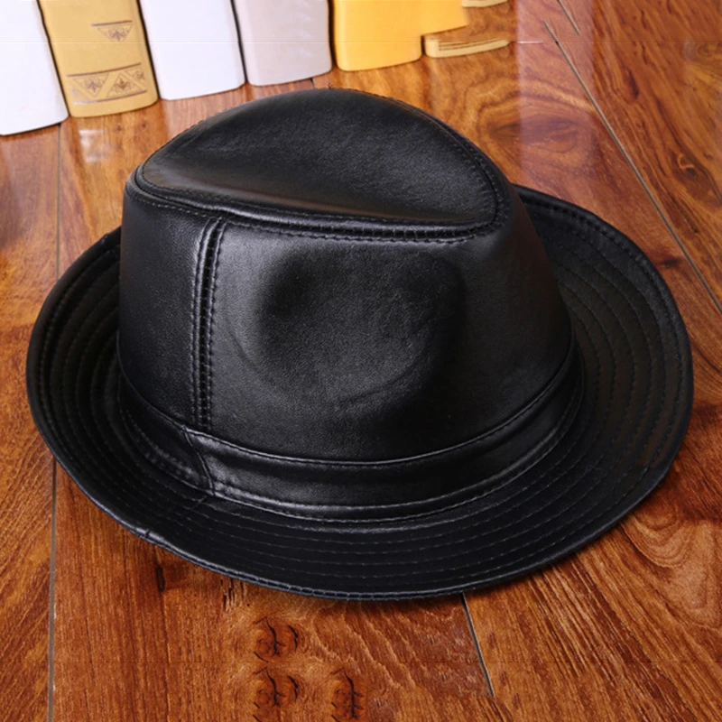 Retro Man High Quality Genuine Leather Jazz Fedora Gentleman Sheep leather Short Brim Black/Brown Top Hat Male Shows Topper