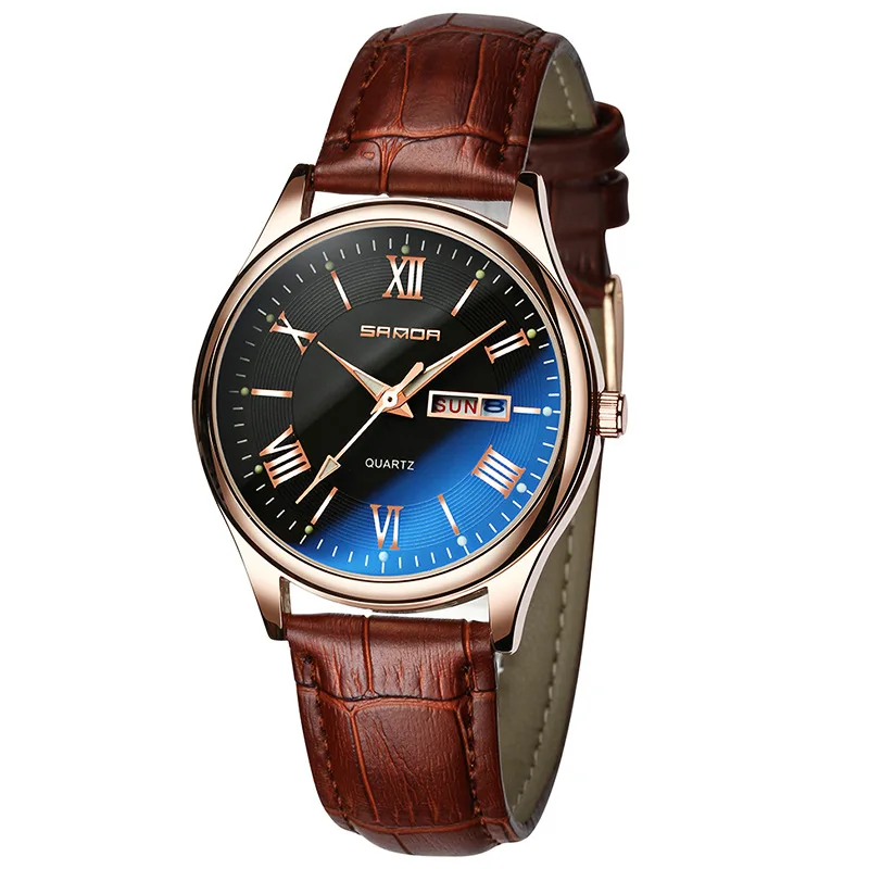 SANDA nuovo stile maturo stile classico vetro blu doppio calendario orologio in pelle luminosa con orologio al quarzo da uomo puntatore