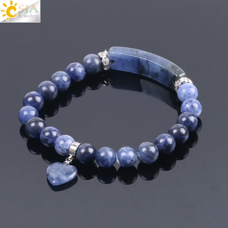 CSJA Natural Stone Sodalite Bracelets Beaded Bracelet for Women Men Love Heart Blue Beads Stretch Healing Buddhist Prayer F109