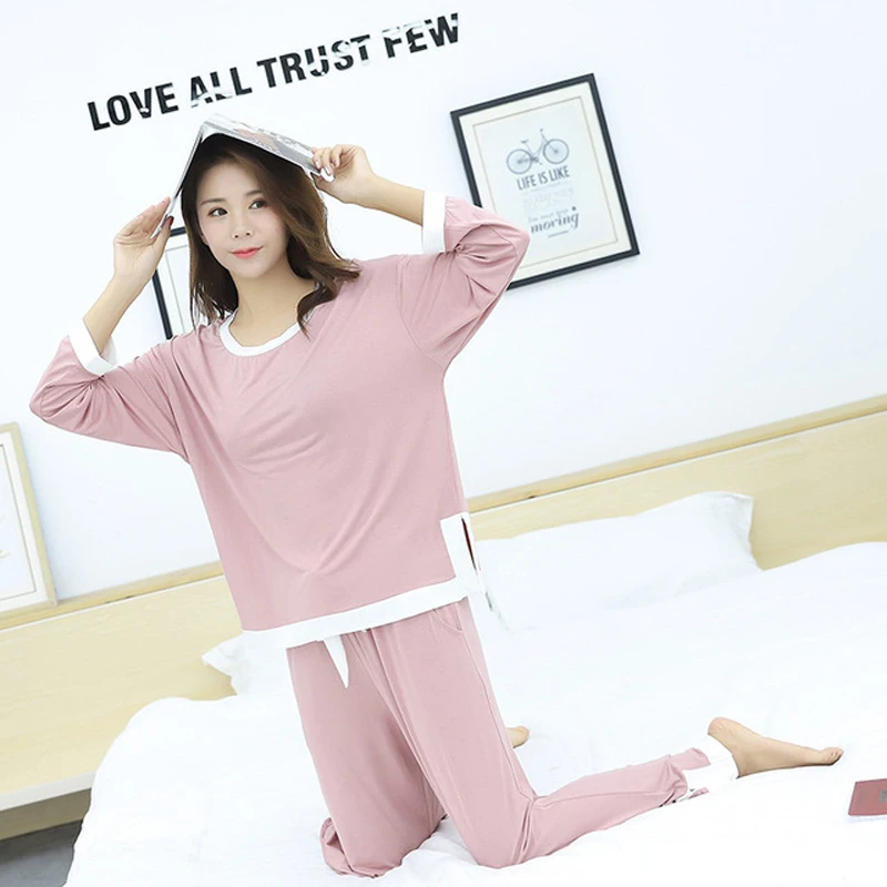 

2PCS Women Pajamas Set Solid Modal Girl Sleepwear Pijama Long Pyjamas For Women Suit Female mujer Clothing Set 2020 Nightwear