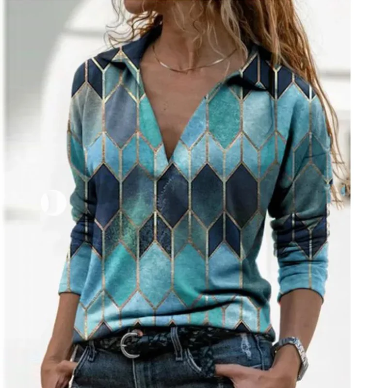 Women Long Sleeve V Neck Geometric Print Blouse Vintage Loose Polo Shirt Y2K Harajuku Oversize Tops Elegant Zip Sweatshirt Tunic