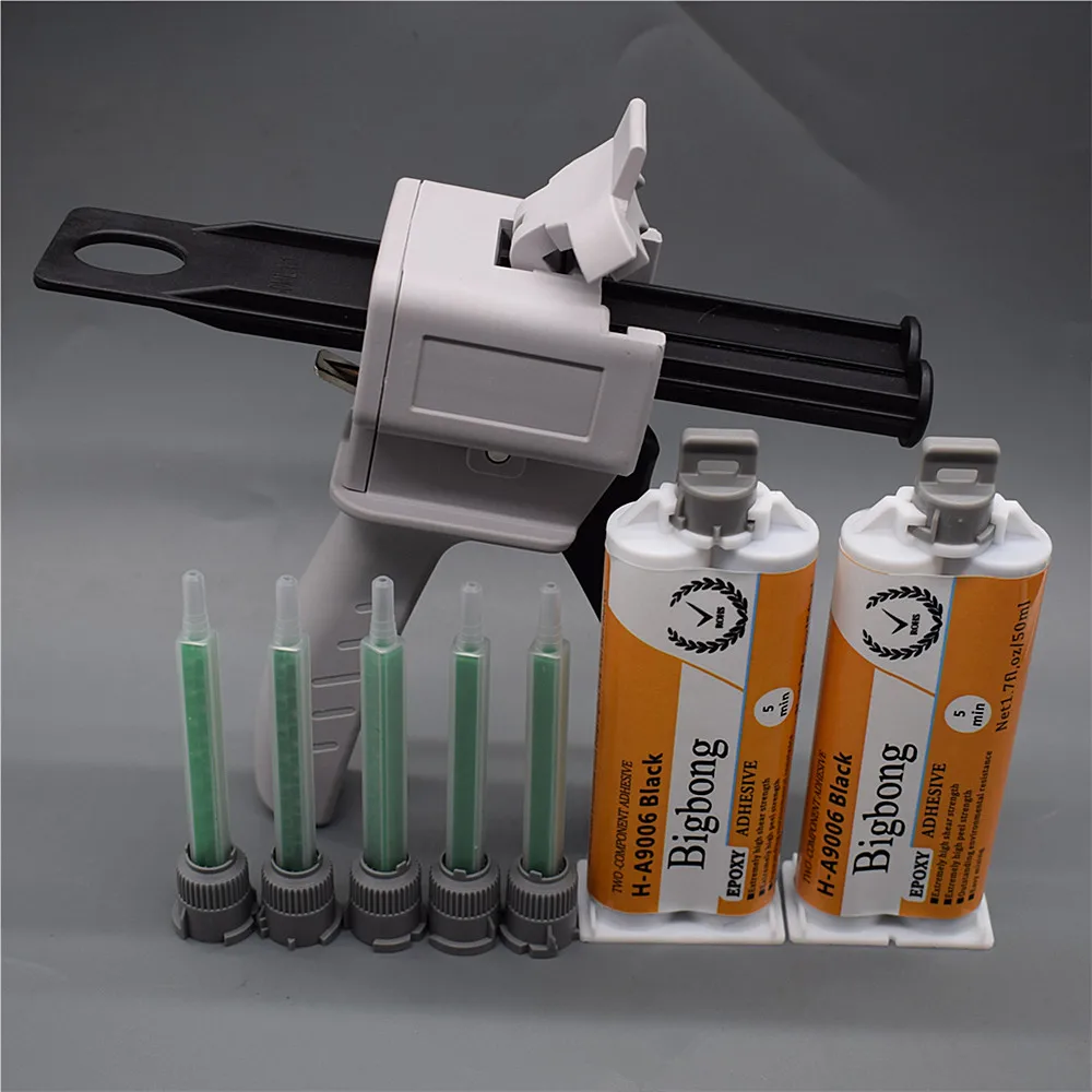 Pistola per colla da 50 ml Dispenser manuale per pistola per calafataggio 1:1 con ugelli di miscelazione statici da 5 pezzi 2 adesivi epossidici da 50 ml Colla 1:1 Colle AB nere