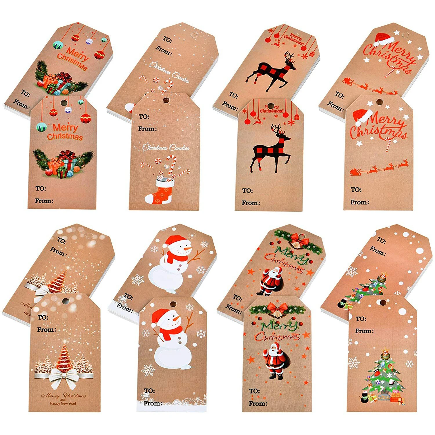 100pcs Merry Christmas Gift Tags Santa Claus Snowman Xmas 3X5cm DIY Hang Tags with Rope New Year Party Gift Wrapping Labels