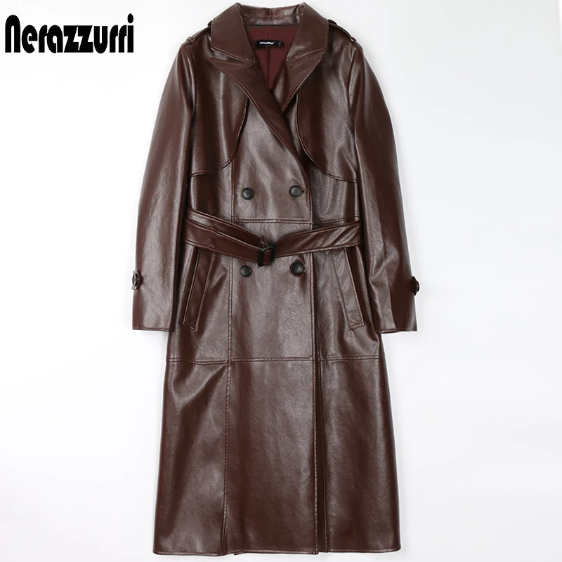 Nerazzurri Spring Brown Long black faux leather trench coat for women long sleeve belt Double breasted womens fall fashion 7xl