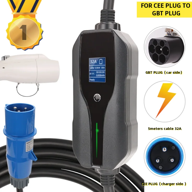 Gbt Met Cee Stekker Ev Charger Station 32A 5M Niveau 2 Evse Cee Plug Naar Gbt Auto Plug voor Elektrische Voertuig Auto Charger Station