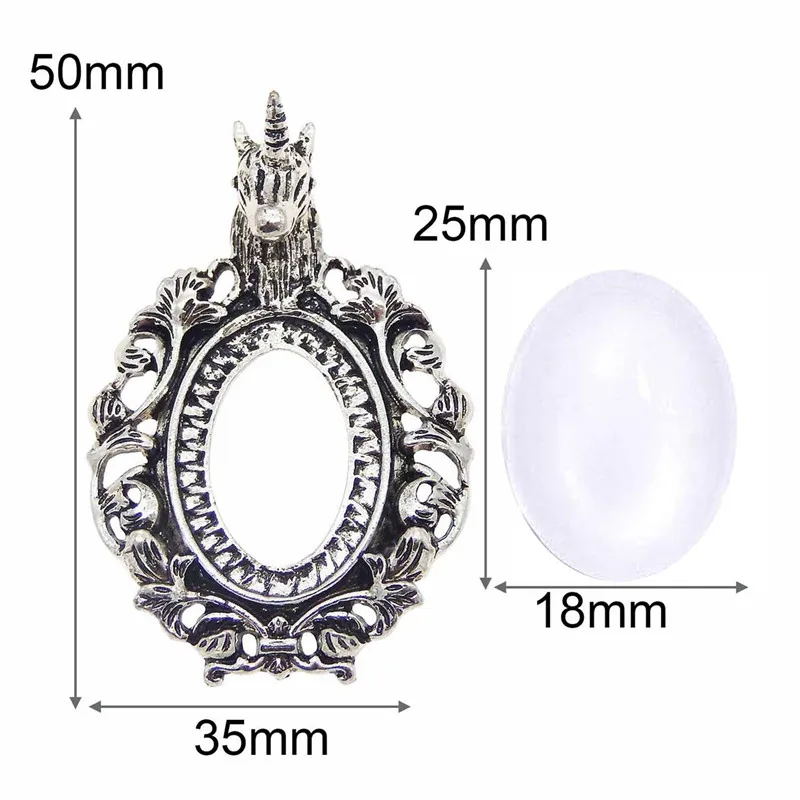 1set Vintage Jewelry Cabochon Setting Cameo Glass Clear DIY Photo Box Gift Inner 25*18mm Unicorn Set Blank Tray Pendant 50*34mm