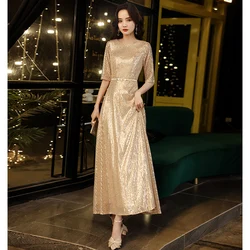 Customized New Evening Dress A-line Floor Length Robe De Soiree Half Sleeve Women Party Dresses V-neck Sequin Evening Gown