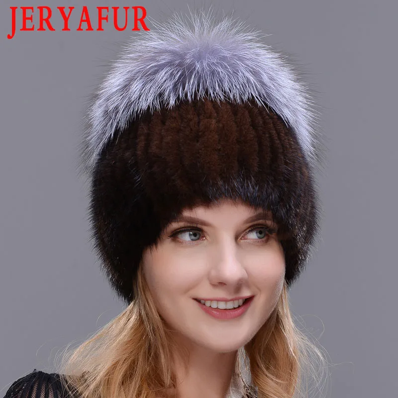 JERYAFUR Winter Women Hat Warm Mink Fur Cap Double Lined Earflap Caps Fashion Flower Female Fox Fur Skull Beanie