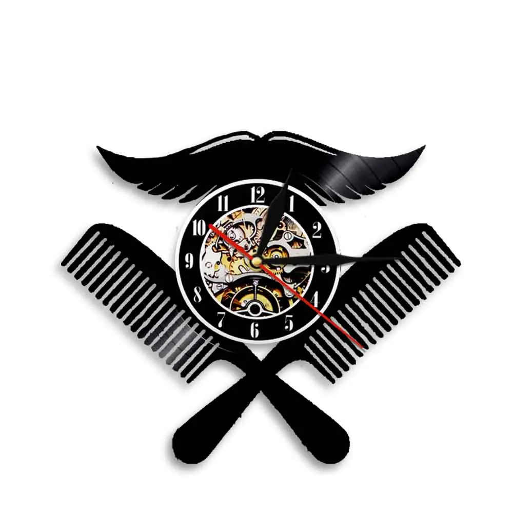 Moustache With Combs Barber Shop Logo Vinyl Record Wall Clock Hairdressing Hair Salon Wall Watch Wall Clock Hairdresser Gift