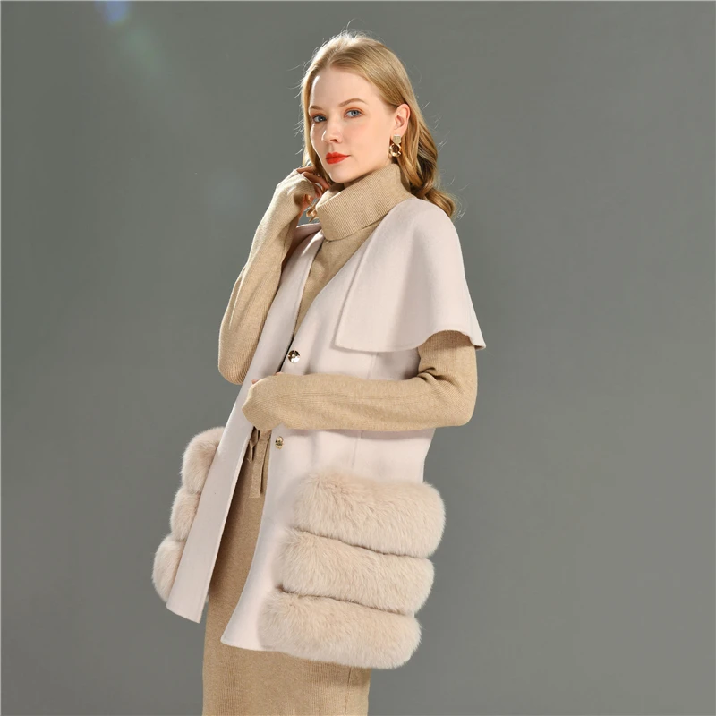 Spring Autumn Women\'s Sleeveless Jacket Shawl Long Vest with Real Fox Fur Pocket Luxury New Female Button Suit Waistcoat