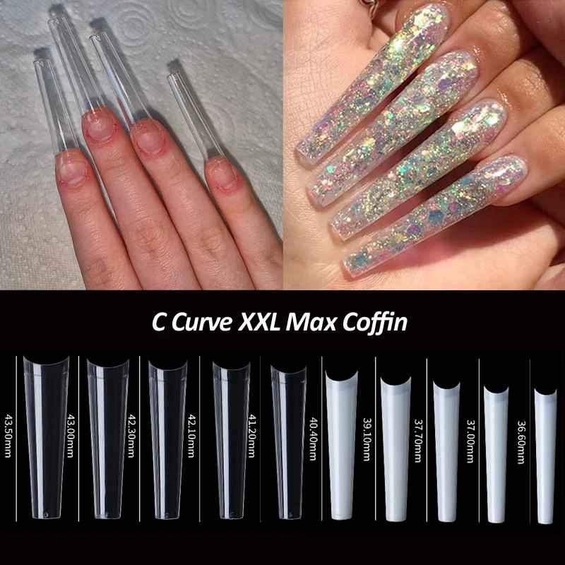 

500 Pcs/Bag C Curved XXL Max Coffin False Nail Tips Professional French Long Straight Acrylic Nails Tip Artificial Salon Supply