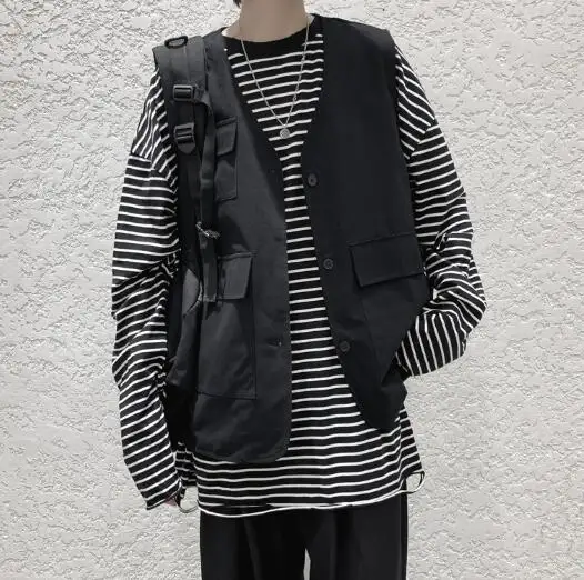 

Mens Fashion Tooling Vest 2021 Men Streetwear Cargo Vest Hip Hop Sleeveless Jacket Gilet Militar y Multi-Pocket