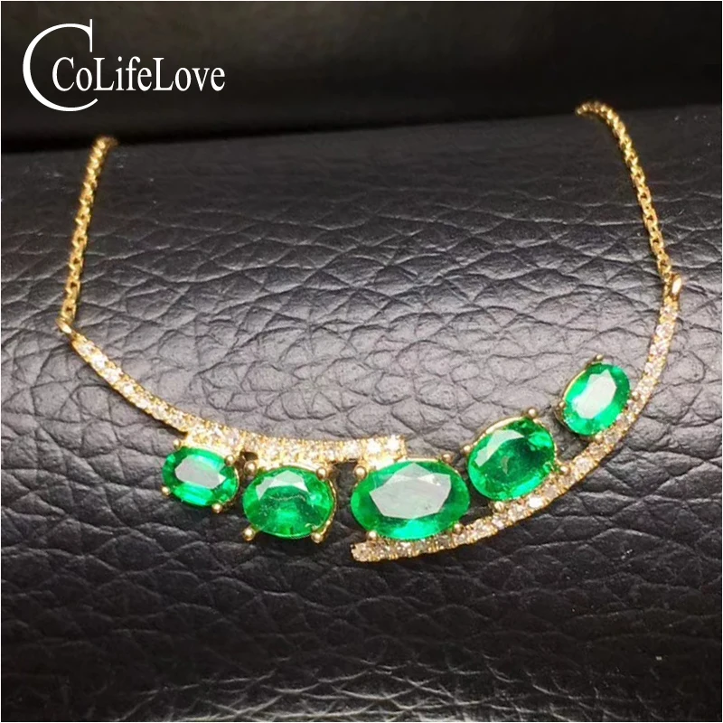 Elegant natural emerald necklace for wedding 5 pieces Zambia emerald silver necklace solid 925 silver emerald fine jewelry