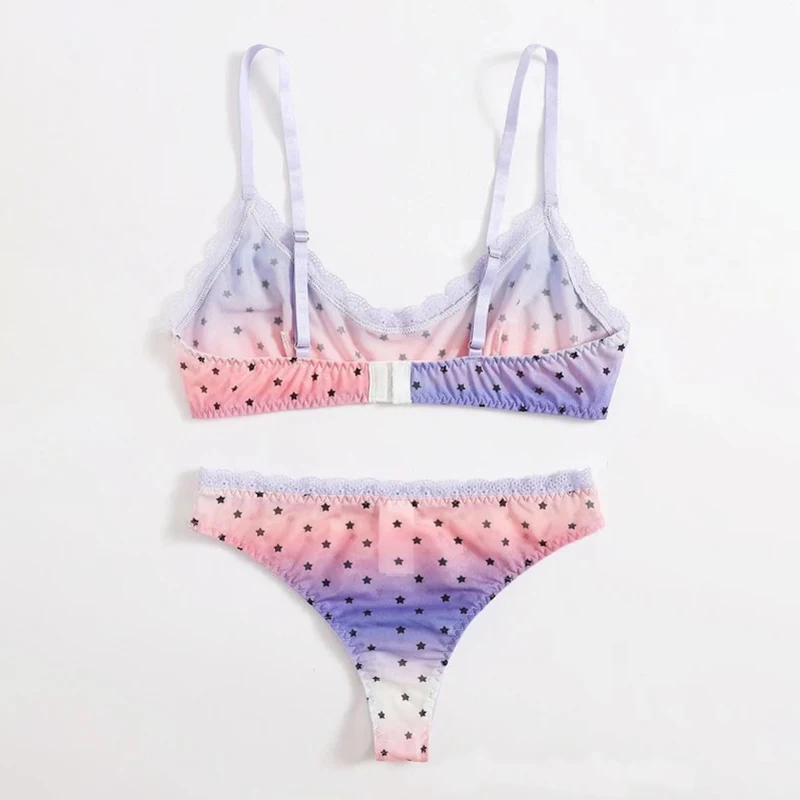 LEECHEE New Bra Set Star Print Lingerie Set Sexy Women\'s Underwear Gradient Color Sexy Bikini Lingerie Comfortable Bralette Set