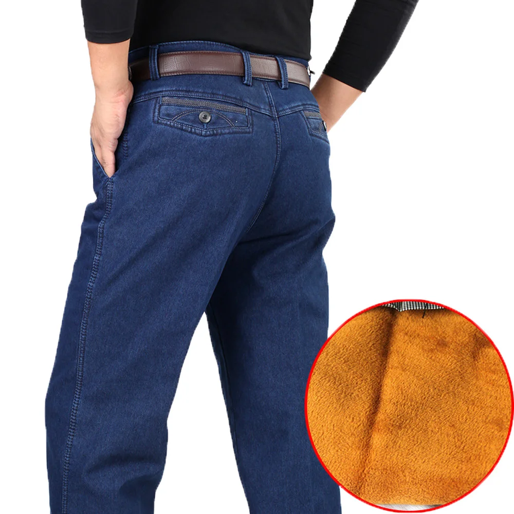 30-44 Winter Thick Fleece Denim Pants Casual High Waist Loose Long Pants Male Solid Straight Baggy Jeans For Men Classic HLX03