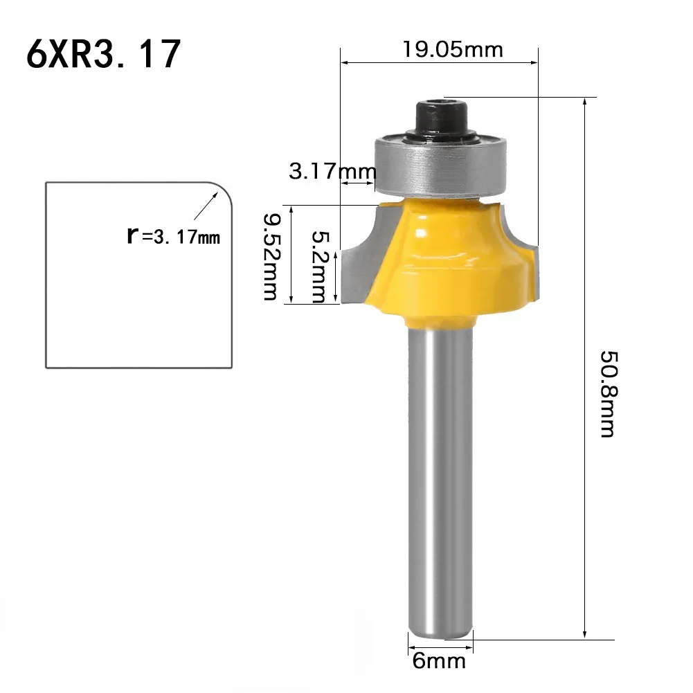 6mm Shank Corner Round Over Router Bit With Bearing Milling Cutter For Woodwork Carbide R3.17mm, R4.76mm, R6.35mm, R7.96