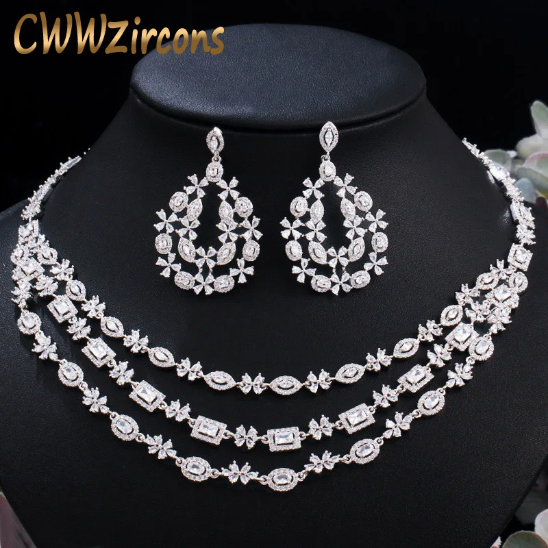 CWWZircons Luxury Shiny Dubai Cubic Zirconia Pave Layered Wedding Necklace Earrings Bridal Jewelry Sets Costume Accessories T453