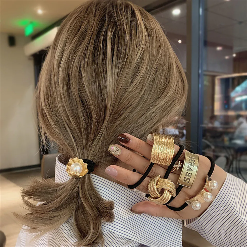 Fashion Women Gold Alloy Hair Ties For Girls Ponytail Holder Pearl Elastic Hair Ropes Bands Punk Gothic Letter Hair Accessories