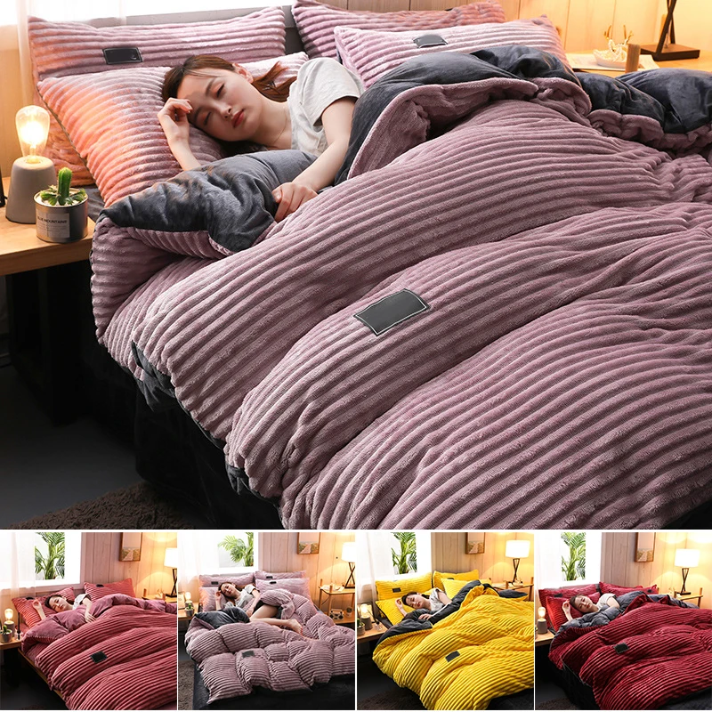 

3/4 Pcs Ab Sided Thicken Velvet Winter Bedding Set Full Queen King Size Duvet Cover Bed Sheet With 1pcs/2pcs Pillowcase For Home