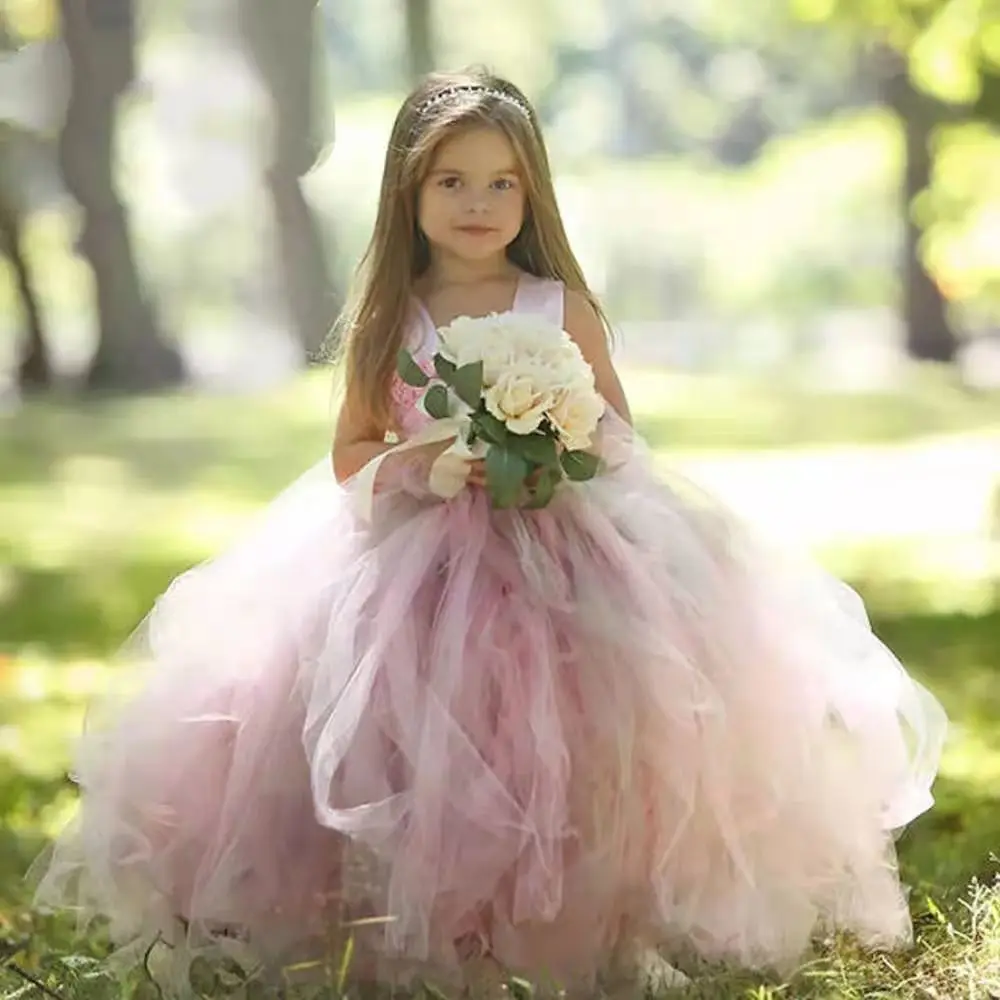 girl Puffy Flower Girl Dresses Kids Satin Bow Sashes Communion Dress Tulle Lace Flower Scoop Ball Gown,Princess Dress