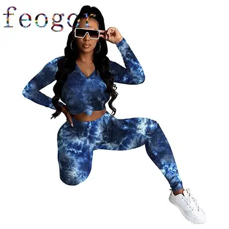 

FEOGOR High Waist Streetwear Slim 2021 Women 2 Pieces Set Ladies Tie Dye Autumn Women's Clothing Casual Fashion Sportswear Suit