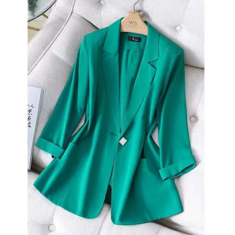 Summer Women Suit Coats 2021 New Black Slim Casual Chiffon Female Plus Size Thin Three Quarter Suit LJ3170