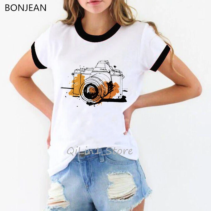 Watercolor flower camera printed tshirt women vintage t shirt femme streetwear holiday shirt 90s tumblr clothes summer tops tees