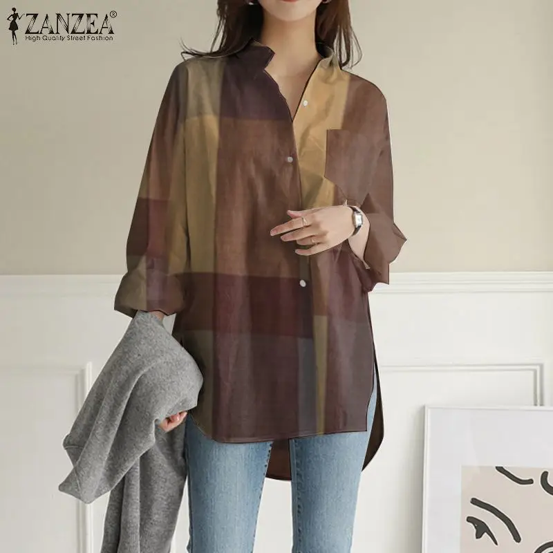 Fashion Pockets Asymmetrical Chemise ZANZEA Women Autumn Long Sleeve Blouses Casual Shirt Kaftan Plaid Printed Tops