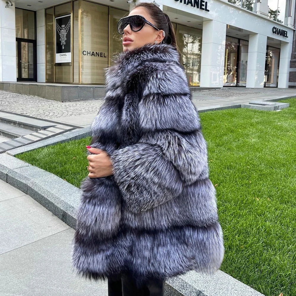 Medium Length Natural Silver Fox Fur Coat Stand Collar Woman Winter Fashion Whole Skin Genuine Silver Fox Fur Jacket Outwear