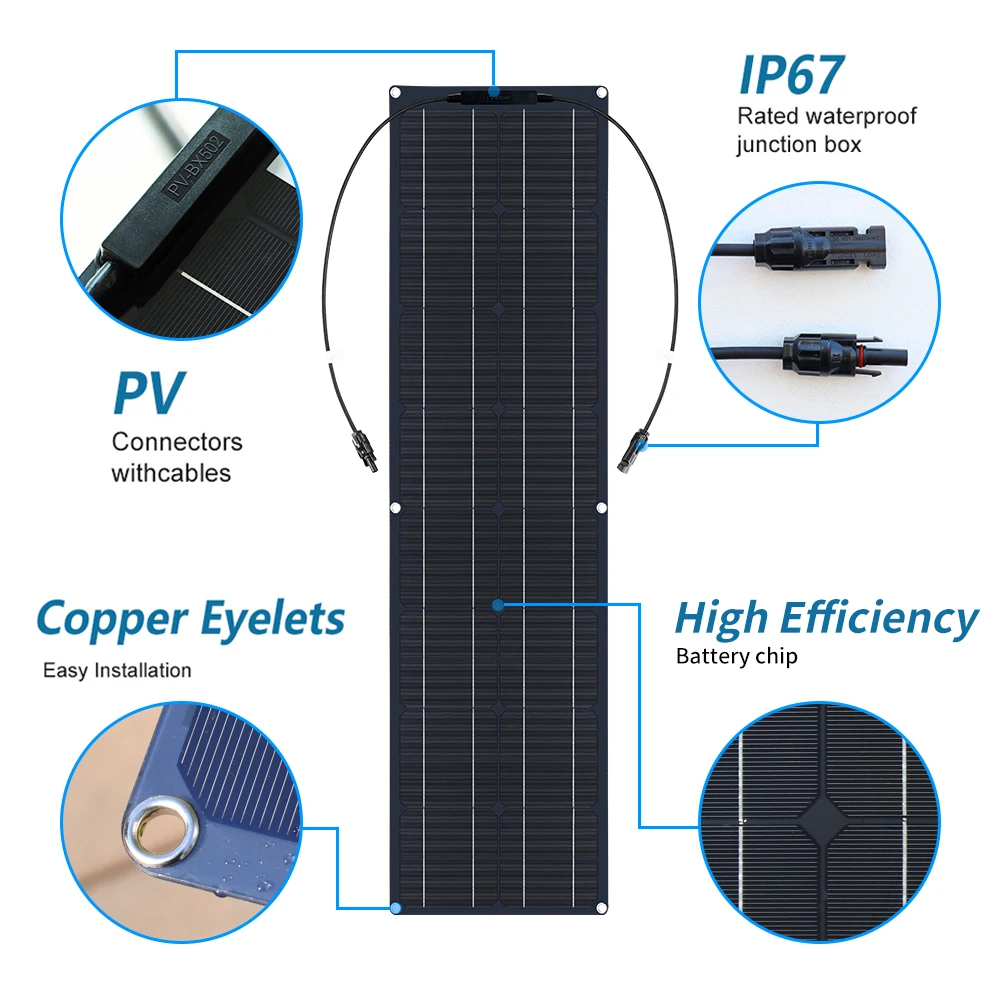 50W 100W Monocrystalline Flexible Solar Panel Kit 12V Battery Charger System For Home Camping Car RV Boat Off-grid Applications