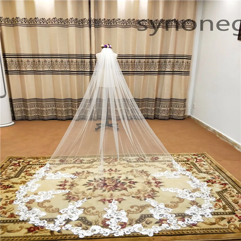 Real Photo Real Photo 3m One Layer Wedding Veil With Comb White Lace Edge Bridal Veils Ivory Cathedral Wedding Veil