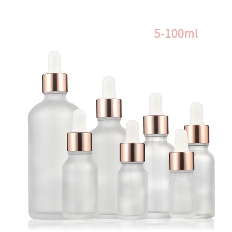 10pcs/lot 5ml 10ml 15ml 20ml 30ml 50ml 100ml Frosted Glass Dropper Bottle For Essential Oil With Rose Gold Ring Dropper Cap