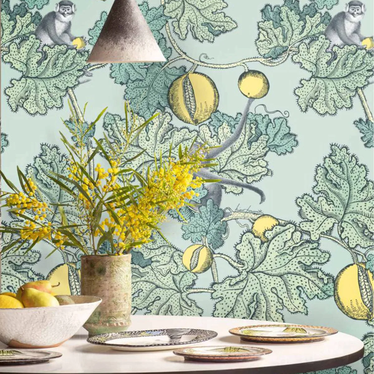 Nordic wallpaper with Tropical leaves and Ancient Monkeys FRUTTO PROIBITO WALLPAPER scandinavian style