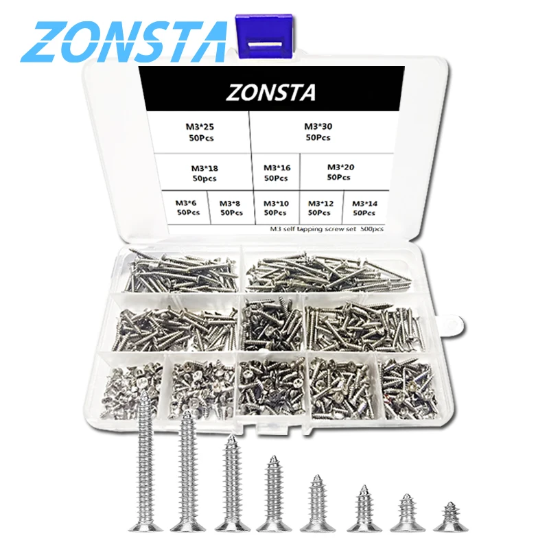 500Pcs M3 Flat Head Self Tapping Screw Set 304 Stainless Steel Cross Phillips Countersunk Head Fiber Drilling Wood Screws Kit