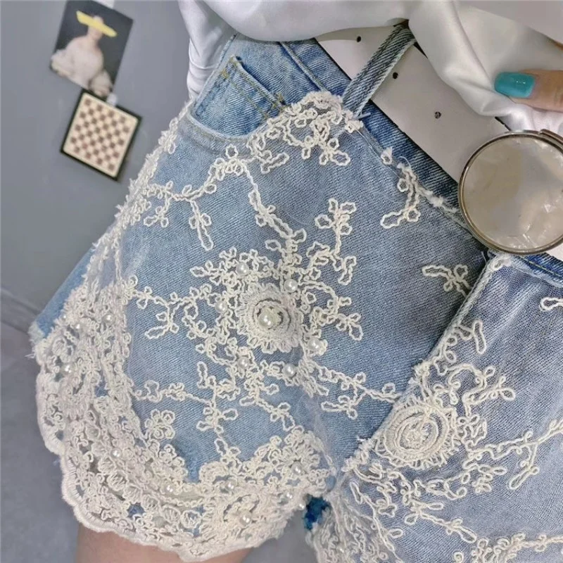 Lace Sweet Denim Shorts Women 2022 Summer Lace Patchwork Beading Wide Leg Shorts Plus Size 6XL Blue Loose Fit Shorts Female