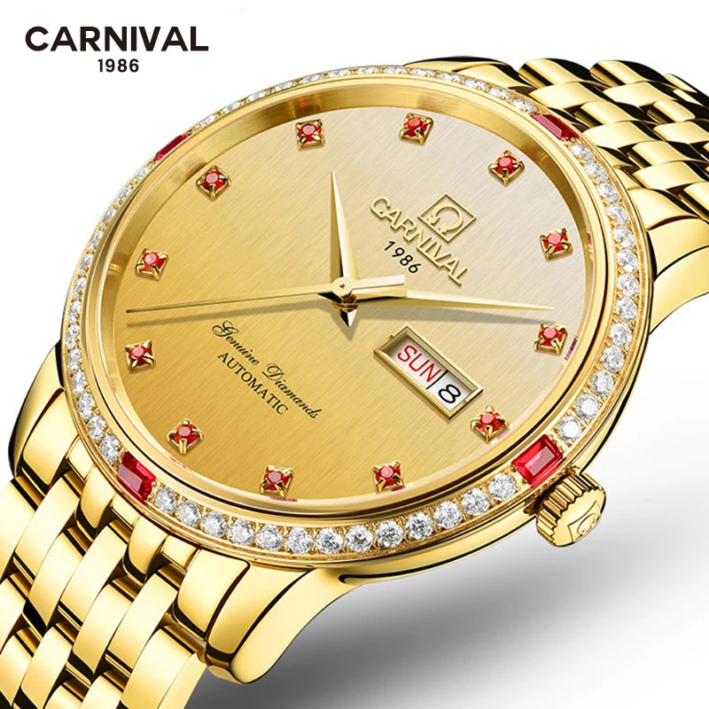 Carnival Fashion Red Diamond Mechanical Watch Men\'s Dual Calendar Luxury Gold Stainless Steel Waterproof Automatic Watches Men