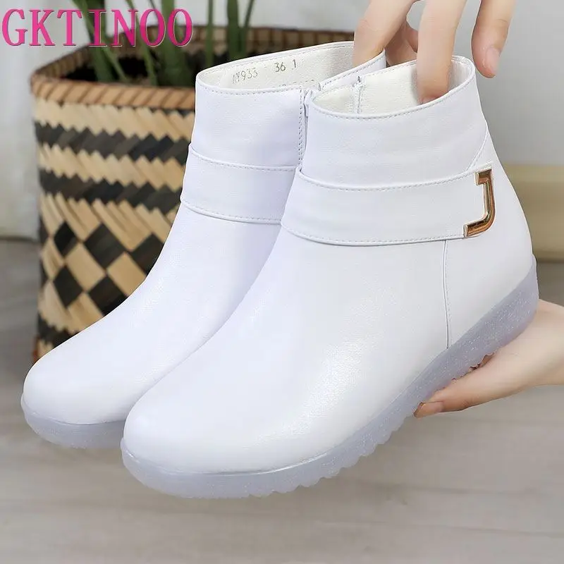 GKTINOO Ankle Boots Women Flat Platform Boots Fashion White Winter Warm Non-slip Waterproof Genuine Leather Boots Nurse Shoes