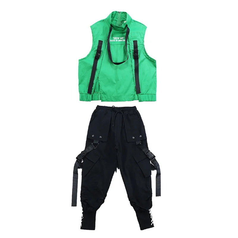 Kid Cool Hip Hop Clothing Sleeveless Jacket Vest Top Streetwear Tactical Cargo Jogger Pants for Girls Boys Dance Costume Clothes