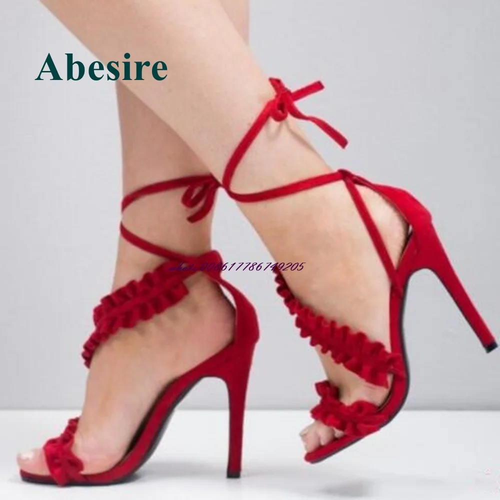 Peep Toe Lace Ankle Strap Sandals Cover Heel Stiletto Heel Sandals Cross Tied High Heel Women Shoes Elegant Sandals Summer Red