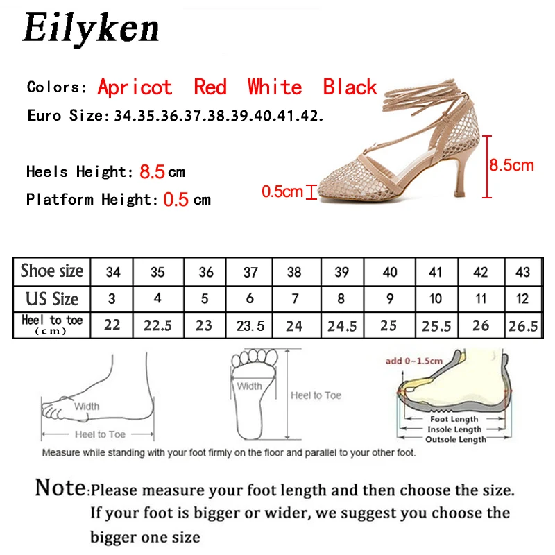 Eilyken-zapatos de tacón alto de aguja con punta cuadrada para mujer, calzado elegante con cordones en el tobillo, a la moda, malla hueca transpirable