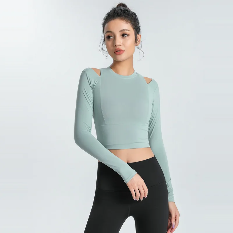 Antibom Yoga Shirts Women Long Sleeve Hollow Sports Crop Top Quick Dry Training Gym Solid Color Slim T-Shirt