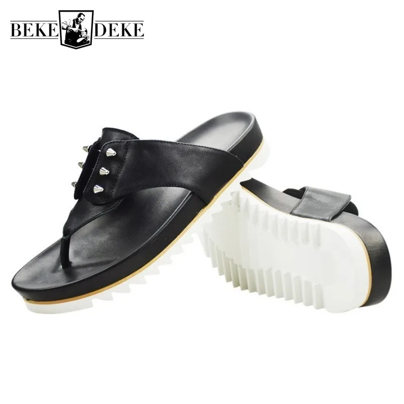 

Shoes Summer British Men Beach Flip Flops Street Fashion Rivets Cow Leather Platform Sandals Casual Design Slide Outdoor Sandals