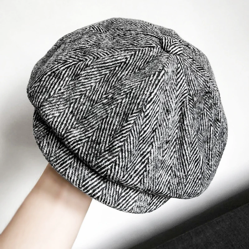 Newsboy Hat Men Gray Wool Octagonal Cap Spring Autumn Winter Herringbone Baker Boy Hat Men\'s Stylish Caps Eight-Blade Cap NM06