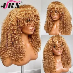 Perruque Bob Péruvienne Naturelle Remy avec Frange pour Femme, Cheveux Courts Crépus et Bouclés, Blond Miel, Faite à la Machine