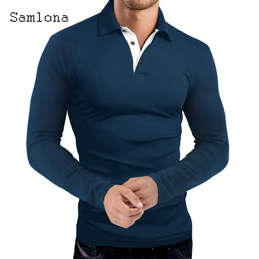 Samlona Plus Size Men Polo T-shirt Long Sleeve Autumn Tops Clothing Skinny Buttons Tshirt Solid Casual Pullovers Men Tees Shirt