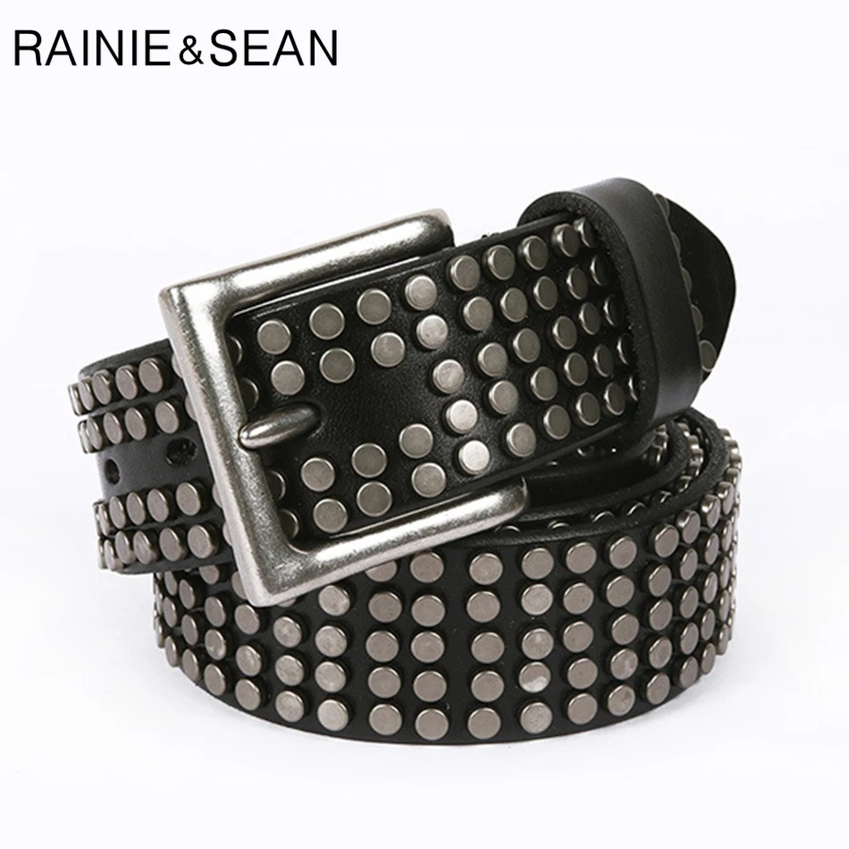 RAINIE SEAN Men's Pin Buckle Belt Genuine Leather Rivet Belts Male Punk High Quality Real Cow Leather Fashion Square Belt Jeans