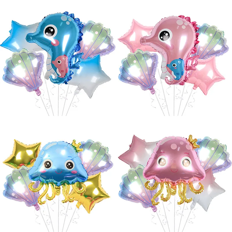 New Seahorse Octopus Gradient Color Pearl Shell Aluminum Film Balloon Ocean Birthday Party Decoration Cartoon Animal Balloon Toy