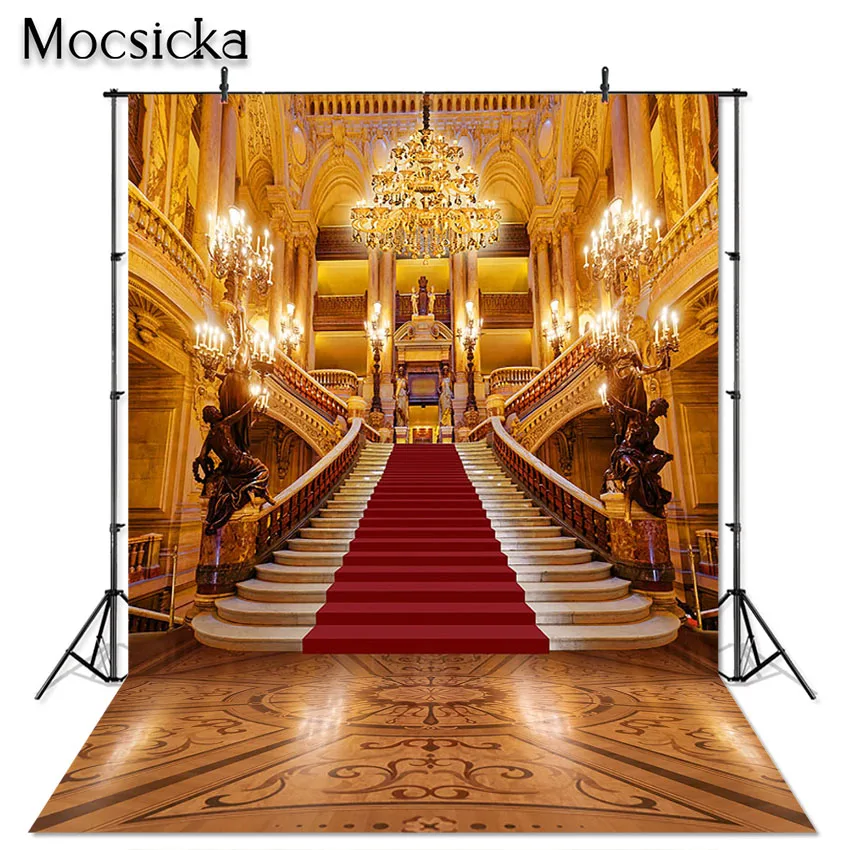 Mocsicka Red Carpet Stairs Photography Backdrop Beauty Beast Party Luxurious Opera Castle Light Palace Portrait Photo Background