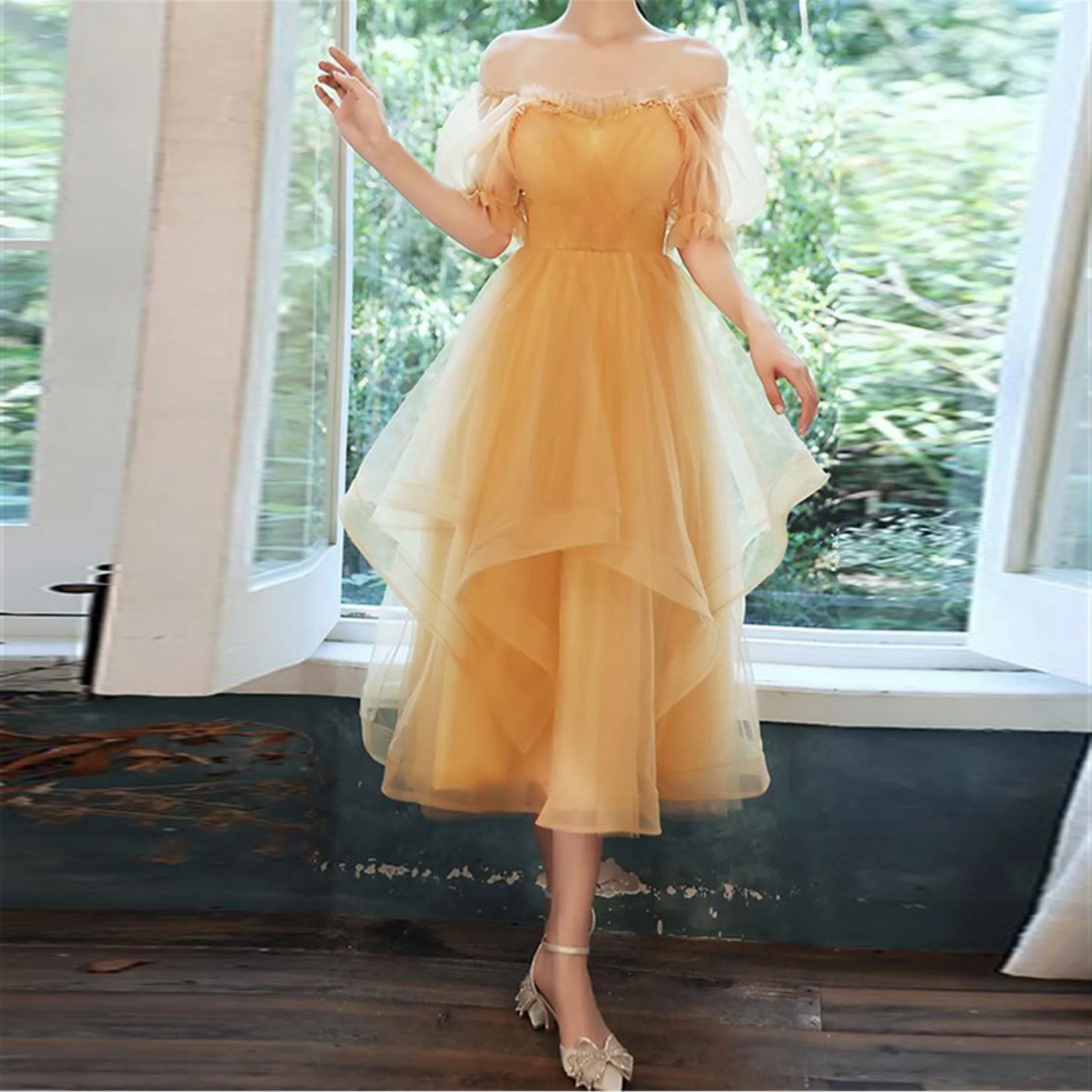 Abito da ballo fata giallo abito da ballo abito da sera lungo in Tulle con manica elegante abito da damigella d'onore abito da ballo di laurea personalizzato