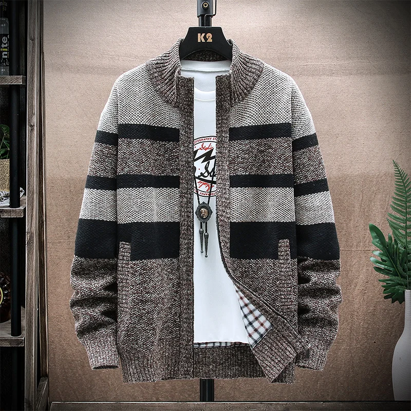 Men\'s Winter Striped Sweater Cardigan Man Patchwork Sweaters Coat Fleece Thick Warm Knitwear Zip Up Coat  Male Jacket